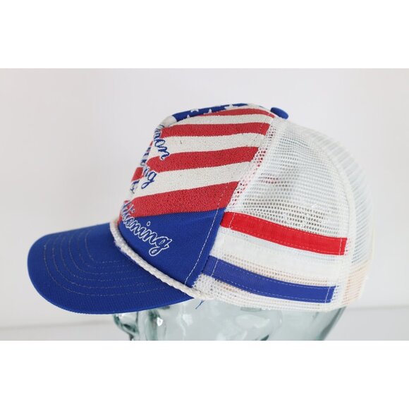 Vintage 70s 80s Distressed 3 Stripes Heating AC Flag Trucker Snapback Hat USA - Picture 4 of 9